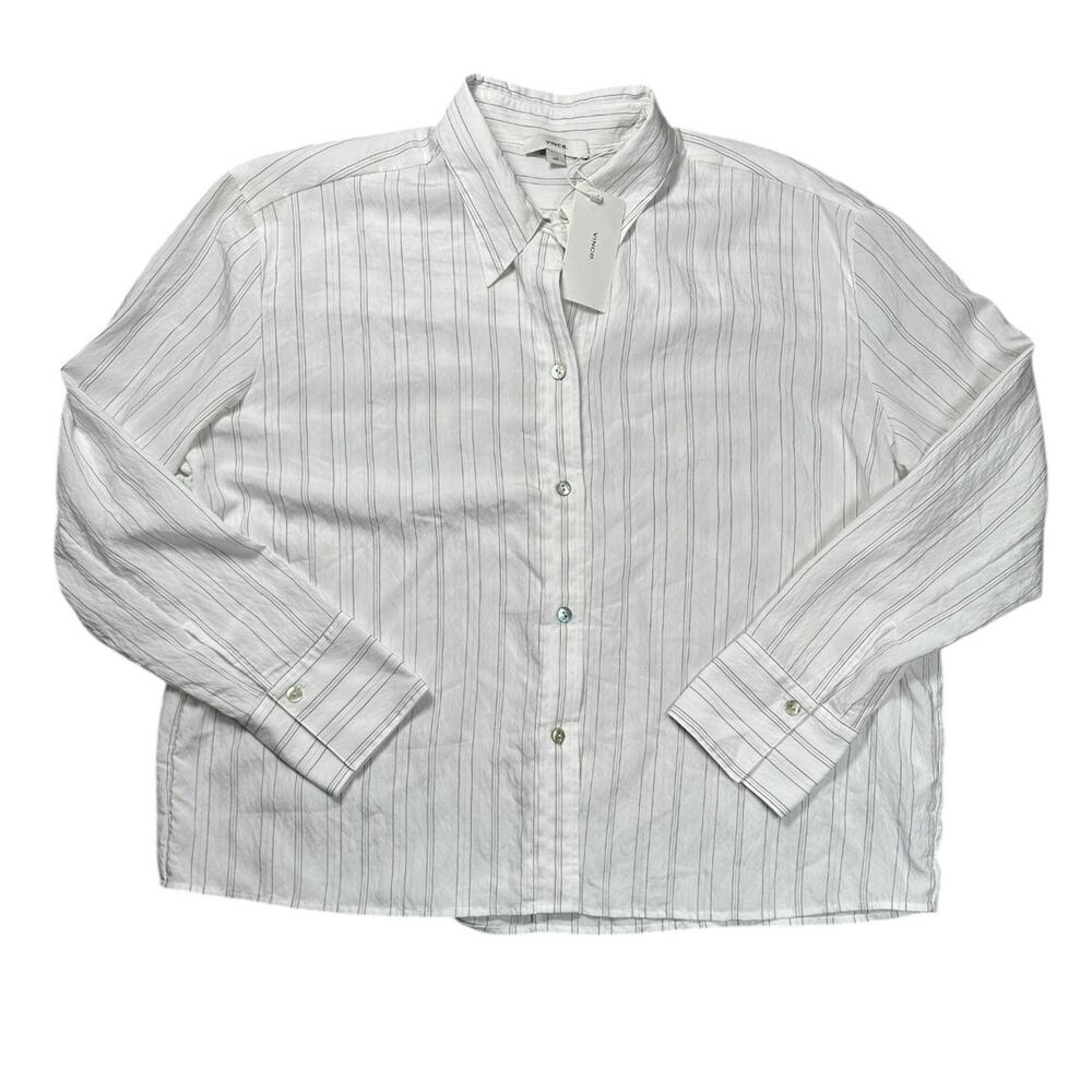 Vince Striped Boxy Cropped Button Up Shirt Womens L Pampas Long Sleeve NWT